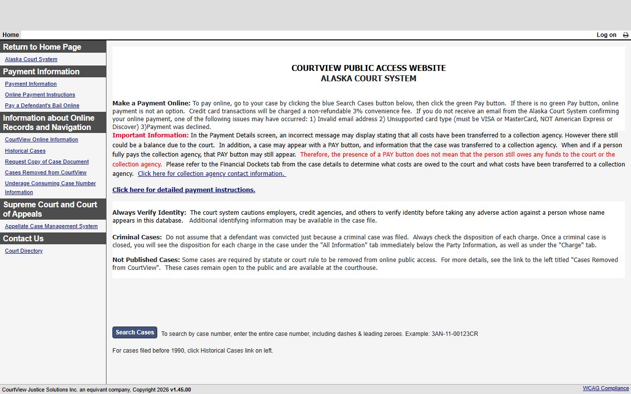 Alaska CourtView online case search for arrest records