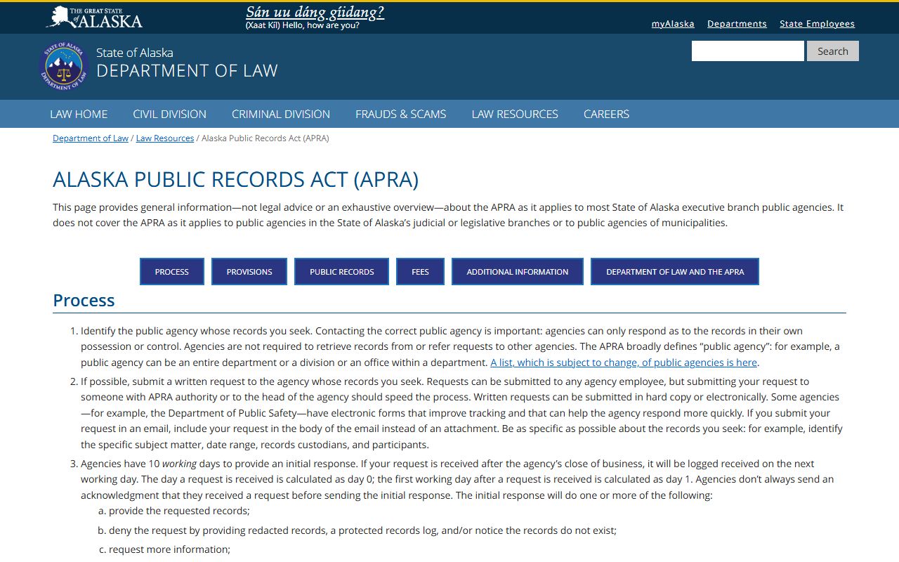 Alaska Department of Law APRA arrest records rules