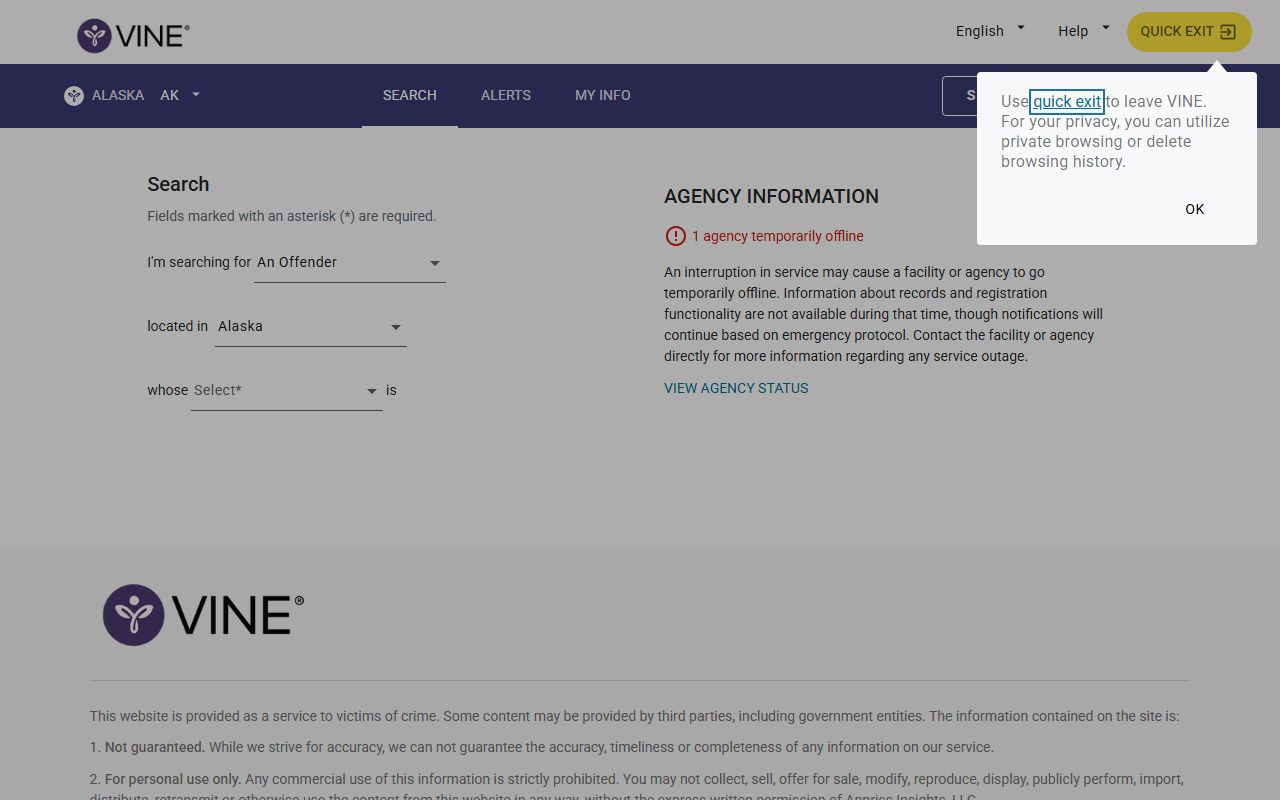 VINElink Alaska inmate lookup arrest records